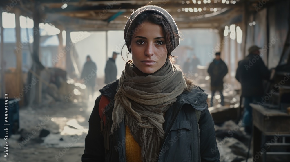 Female journalist in refugee center affected by war Female journalist in refugee center affected by war