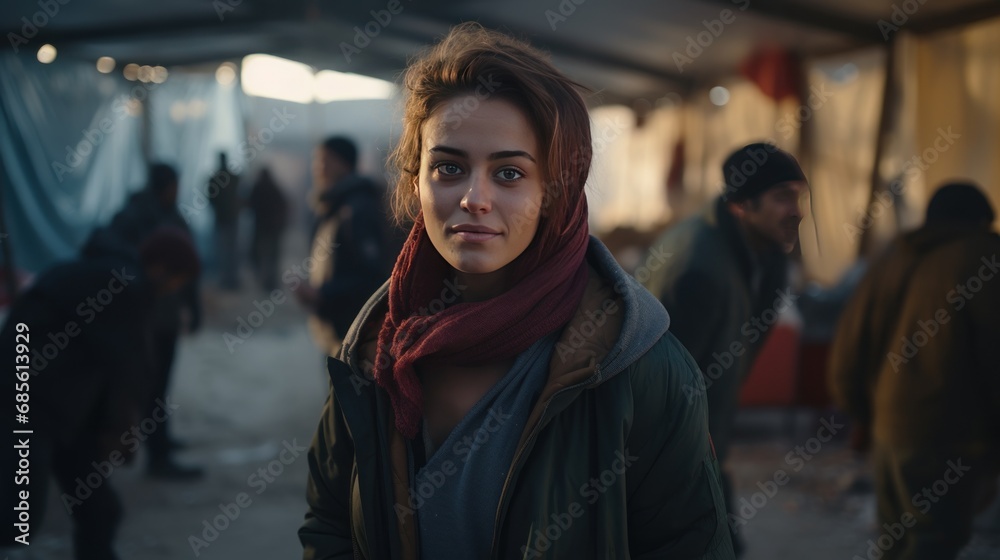 Female journalist in refugee center affected by war Female journalist in refugee center affected by war