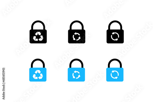 Lock for key icons. Different styles, lock with bio recycling icon, update. Vector icons