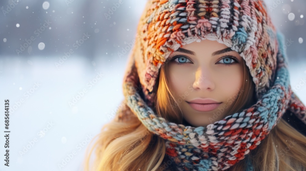 A young woman covers her head with a colorful knitted veil.