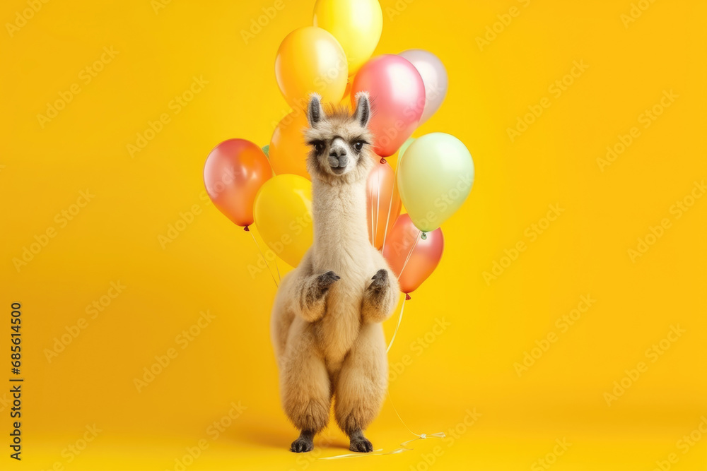 Fototapeta premium Llama with Balloons on a Vibrant Yellow Background, party event greeting card, print for poster