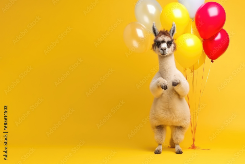 Fototapeta premium Llama with Balloons on a Vibrant Yellow Background, party event greeting card, print for poster
