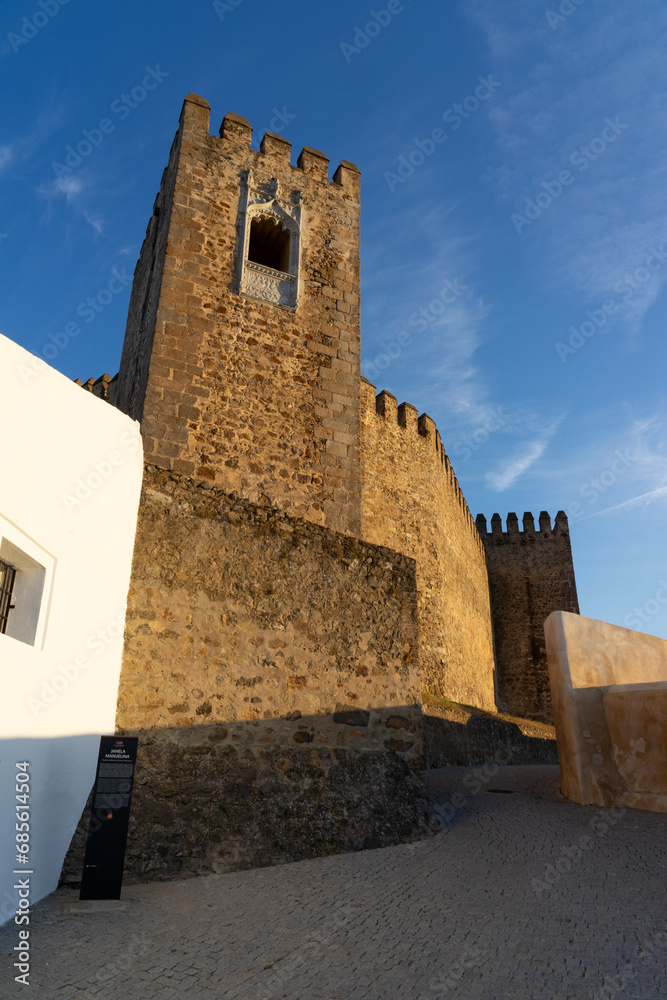 Castle of the fortificated village of Campo Maior in Alentejo Region of Portugal with its typical white houses.