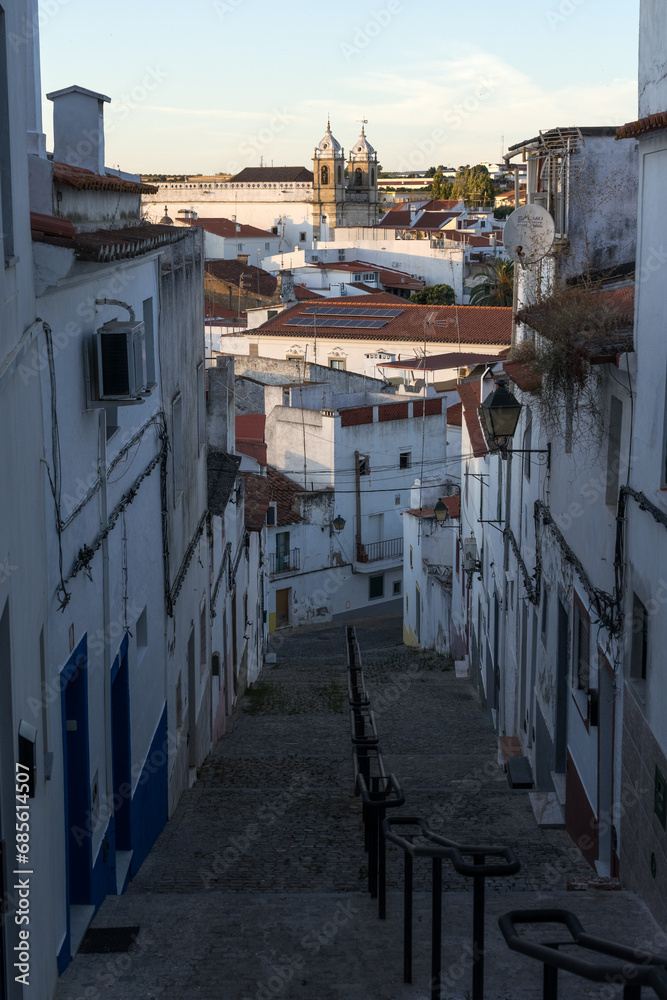 Street of the fortificated village of Campo Maior in Alentejo Region of Portugal with its typical white houses.