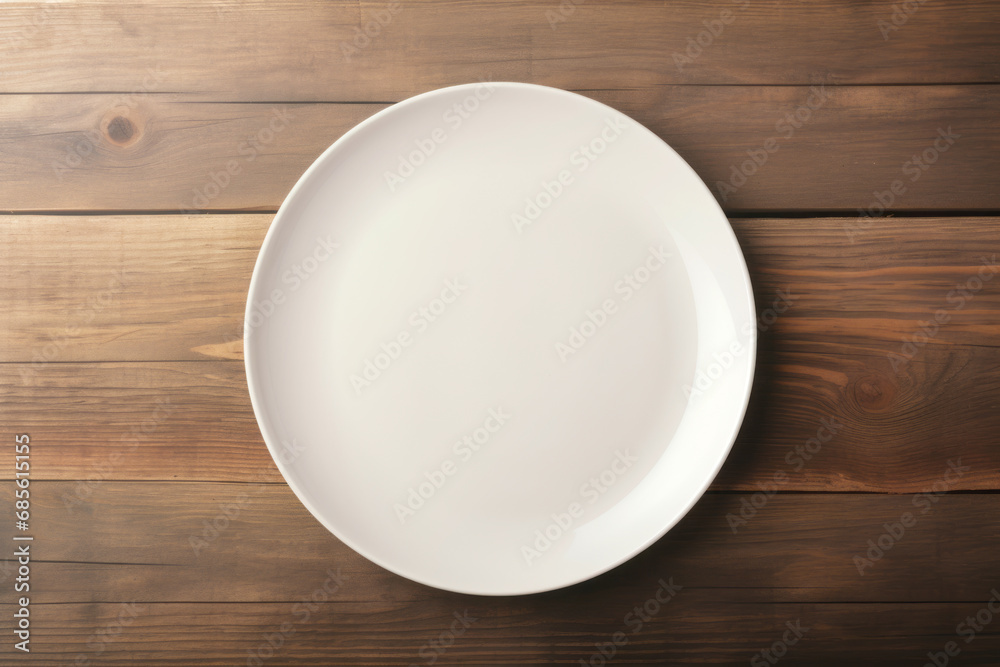 Plato blanco vacío visto desde arriba sobre mesa de madera. Plato blanco vacío visto desde arriba sobre mesa de madera.