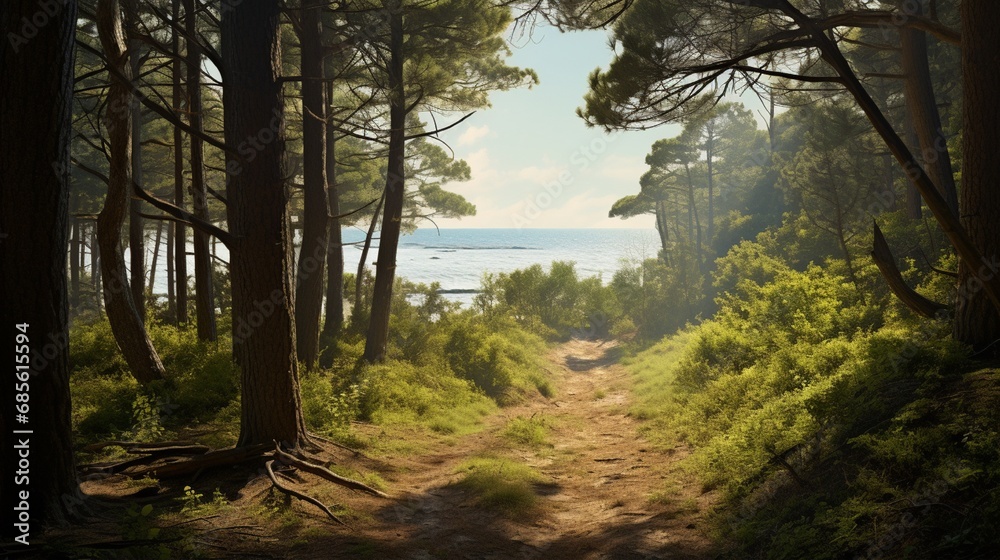 Naklejka premium The quiet splendor of a coastal pine forest in the littoral zone, with views of the distant sea.