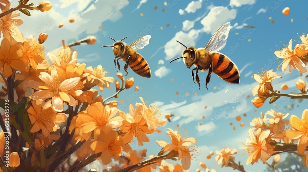 Bees pollinate food crops cute 3d anime style Bees pollinate food crops cute 3d anime style