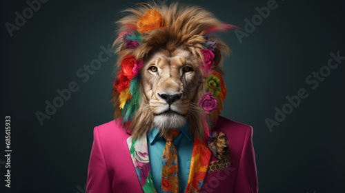 Portrait of a lion wearing a colorful wig and a suit.