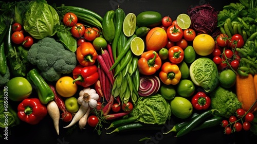 Assorted fresh ripe fruits and vegetables. Food concept background. Top view. Copy space.