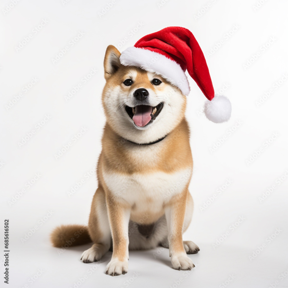 Shiba Inu full body, wearing santa clause hats, Theme christmas on white Background. Shiba Inu full body, wearing santa clause hats, Theme christmas on white Background.