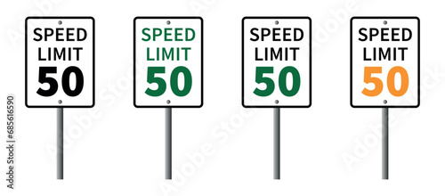 Speed limit 50 sign, limit 50 traffic light. American road sign on white background.