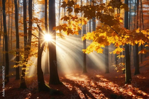 A beautiful morning in the middle of the golden trees under the sunlight