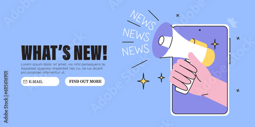 Hand with loud speaker share latest or hot news online on smartphone screen. Breake for news feed during working hours. Vector graphic style illustration for web or social media banner, ui, app. photo