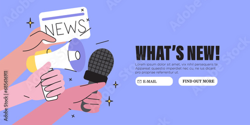 Hands with loud speaker, share or broadcast latest or hot news, livestream. Break for news feed during working hours. Vector graphic style illustration for web or social media banner, ui, app. photo