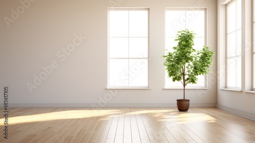 Empty bright room with window and plants in pots.