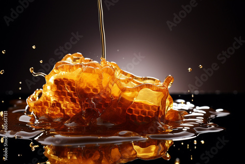Liquid honey flows down the honeycomb on a dark glossy background. Generative AI.