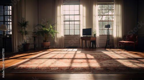3D rendering of an empty room with a window in the background