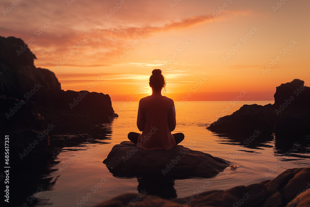 Woman Meditating next to the sea at sunset Woman Meditating next to the sea at sunset