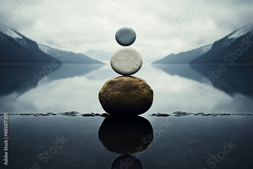 Zen stones on the water, three stacked rocks in northern tranquility