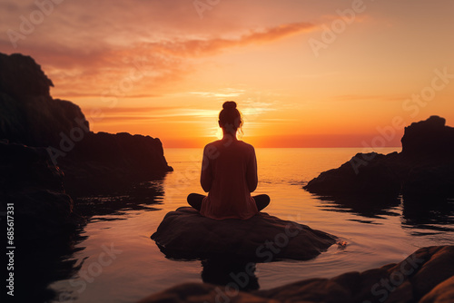  Woman Meditating next to the sea at sunset