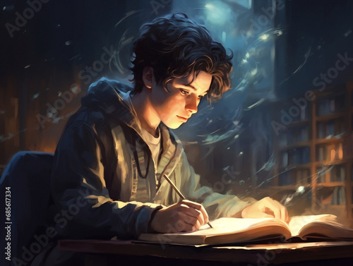 Illustration of a Teen reading a book in the library at night