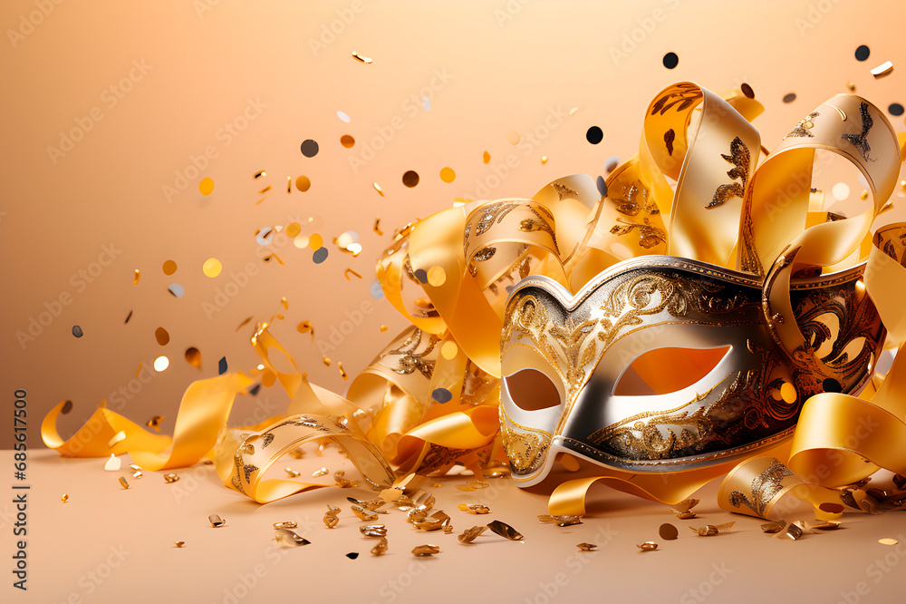 Lujosa máscara festiva de carnaval veneciano en fondo dorado para celebraciones con serpentina color oro. - obrazy, fototapety, plakaty 