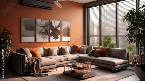 A cozy living room with a prominent heat pump, meticulously detailed in aluminum, set against a background of rich dark orange and light bronze hues. 