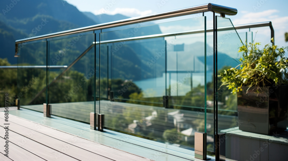 Contemporary architecture appartment balcony view with exotic wood grooved decking and glass railing