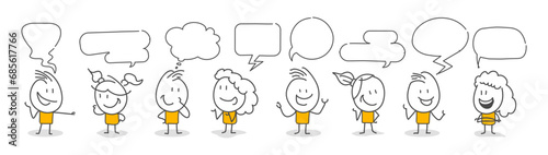 Stick figures. People with speech bubbles. Cartoon style. Social networks, news, social networks, chat, dialogue speech bubbles.
