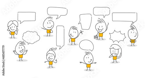 Stick figures. People with speech bubbles. Cartoon style. Social networks, news, social networks, chat, dialogue speech bubbles.