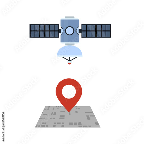 Satellite navigation. Space satellite determines the location on the map, vector illustration