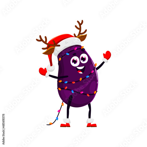 Cartoon Christmas eggplant in Santa hat and reindeer antlers, vector vegetable character for winter holiday. Funny eggplant or aubergine in Christmas reindeer costume for New Year holiday emoji