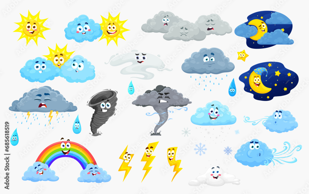 Naklejka premium Cartoon weather characters, cute cloud and sun or rain, vector rainbow and wind storm. Cartoon weather characters of snow and moon with face, rainy lightning and funny tornado or raindrop emoticons