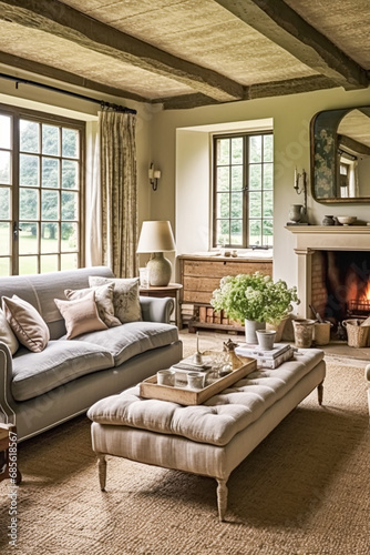 Cottage interior with modern design and antique furniture  home decor  sitting room and living room  sofa and fireplace in English country house and countryside style
