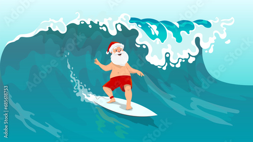 Santa surfer character. Cartoon Santa Claus surfing on board on big sea wave. Vector summer scene with Noel personage in red hat and shorts, balancing on a surfboard with holiday spirit in vast ocean