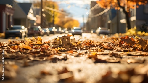Astonishing shallow depth-of-field showcasing a city street in autumn, paper debris scattered, sunlight