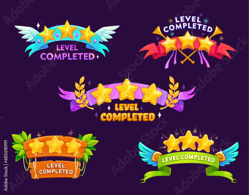 Game level complete or level up badge icons. Videogame win symbols, gambling app victory vector icons or mobile game GUI level complete popup banners, award buttons with golden star, ribbon and wing