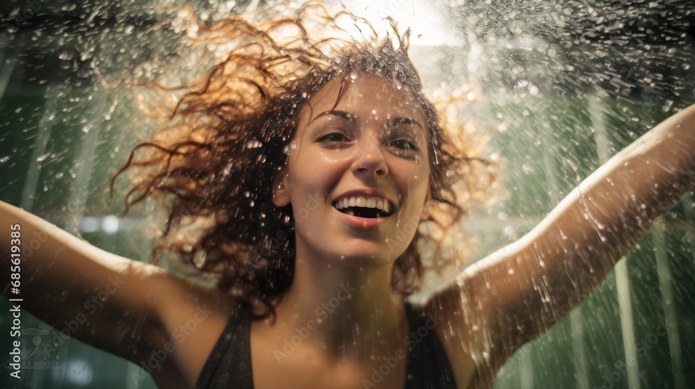 Woman washing her hair with shampoo in the shower