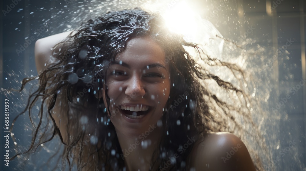Woman washing her hair with shampoo in the shower