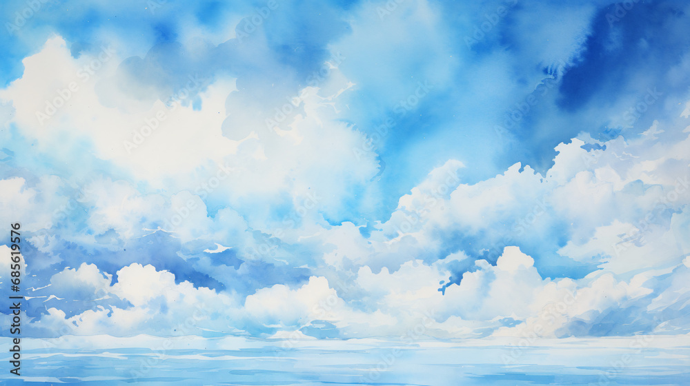 Sky's Watercolor Symphony Blue Sky and White Clouds Painting.