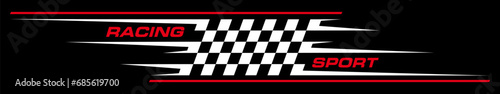 Racing sport or motorsport emblem, rally racing sticker with checkered flag. Vector t-shirt line decals, automobile motor transport speed drive