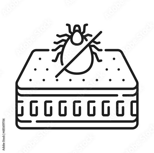 Bed orthopedic memory mattress with parasite allergy pest disinfection, crossed mite isolated outline icon. Vector mattress with mite bug