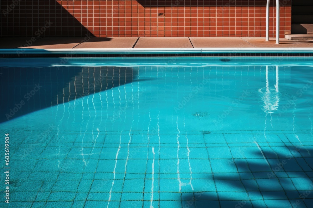 Fototapeta premium Tropical summer background with concrete wall, pool water and palm leaf shadow. Luxury hotel resort exterior for product placement. Outdoor vacation holiday house scene, neutral architecture aesthetic