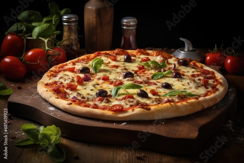 Hot pizza slice with melting cheese on a rustic wooden table.