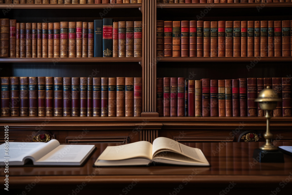 Fototapeta premium a bookshelf containing volumes of books about Law in Library. Rows of Books and Legal References in a Law Firm