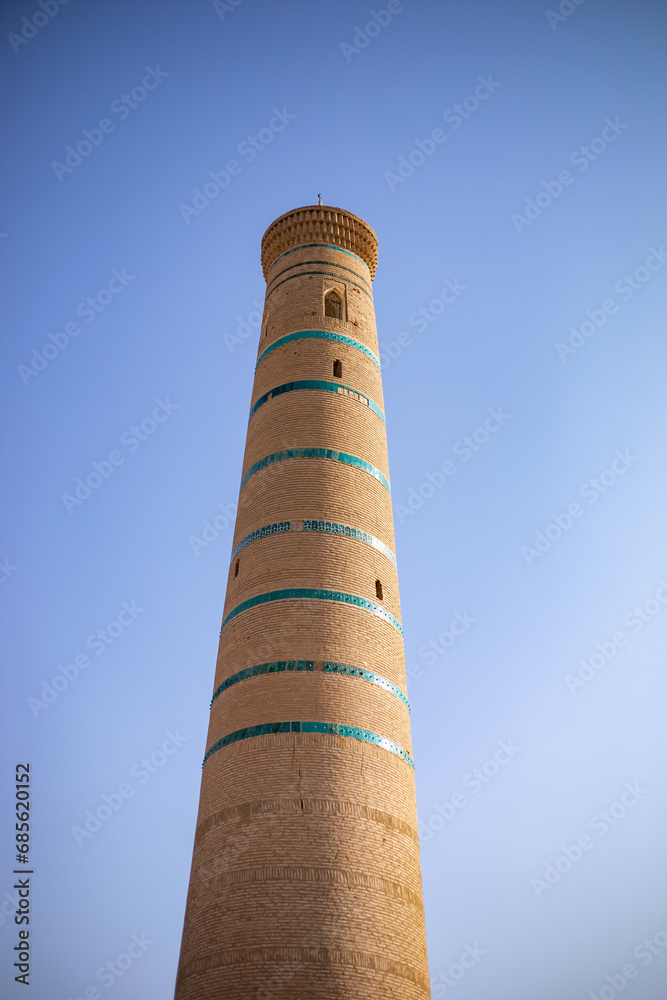 beautiful ant view of a historical tall structure in a citadel, Khiva, the Khoresm agricultural oasis, Citadel.