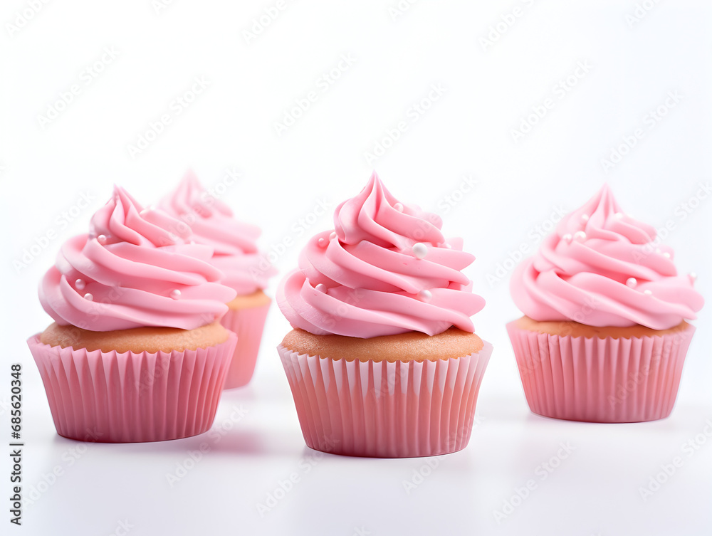 Sweet cupcakes with pink buttercream on top, white background 