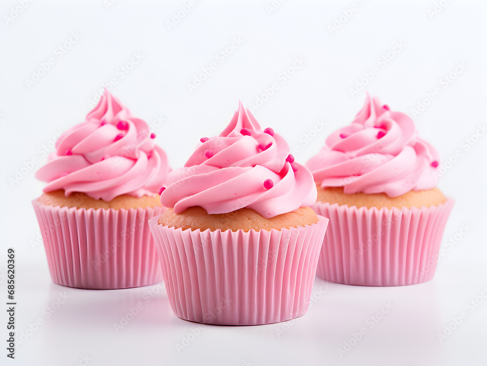 Sweet cupcakes with pink buttercream on top, white background 