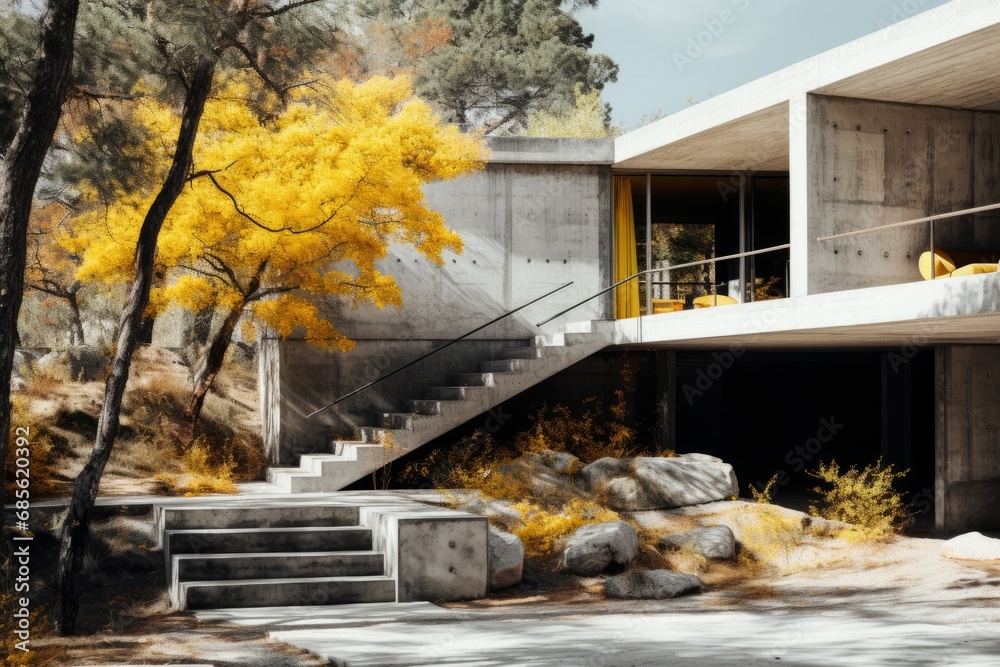 Trees with autumn yellow foliage against the backdrop of an ultra-modern minimalist concrete and glass building. A combination of a colorful living object and a gray monochrome inanimate background.