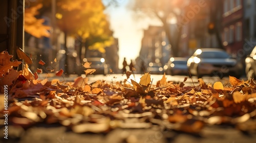 Astonishing shallow depth-of-field showcasing a city street in autumn  paper debris scattered  sunlight